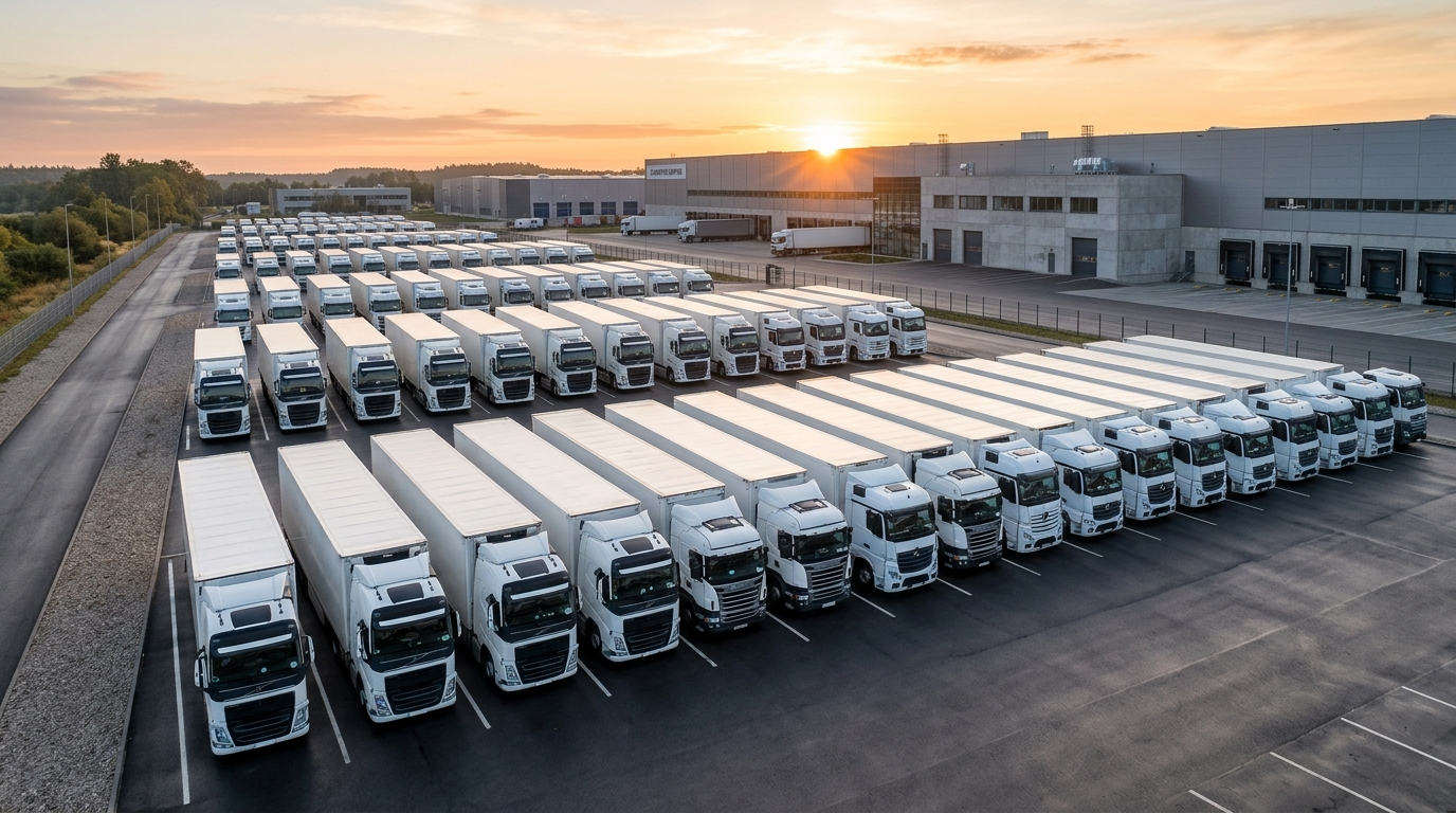 Автопарк грузовиков Layner Group на логистической площадке в Европе на рассвете